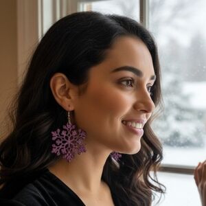 HANDCRAFTED Snowflake Pierced Earrings 2inches ARTISAN HANDMADE Holiday Jewelry